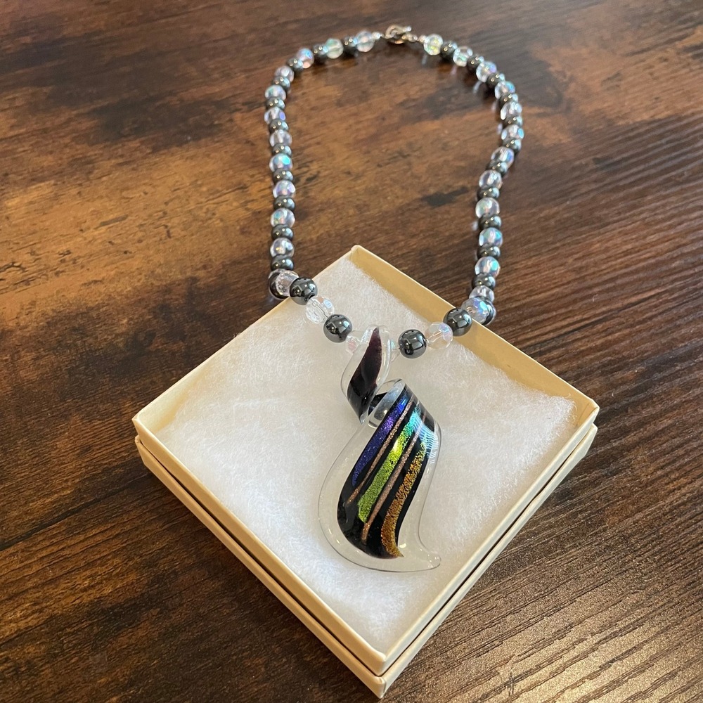 Womens Jewelry Art Glass Necklace OS Black Dichroic Swirl Hematite AB Beads